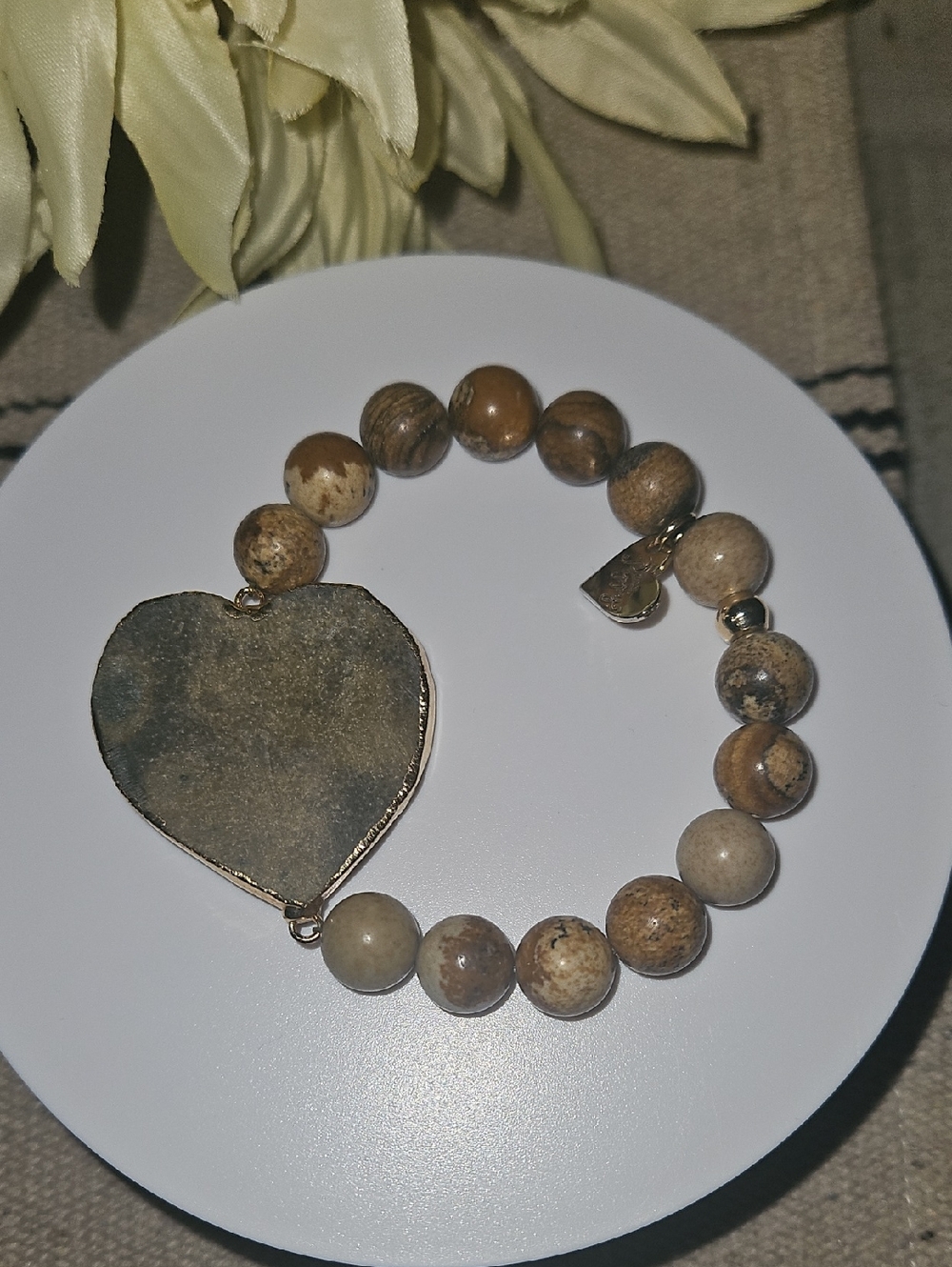 Brown Jasper Druzy Heart Bead Stretch Bracelet